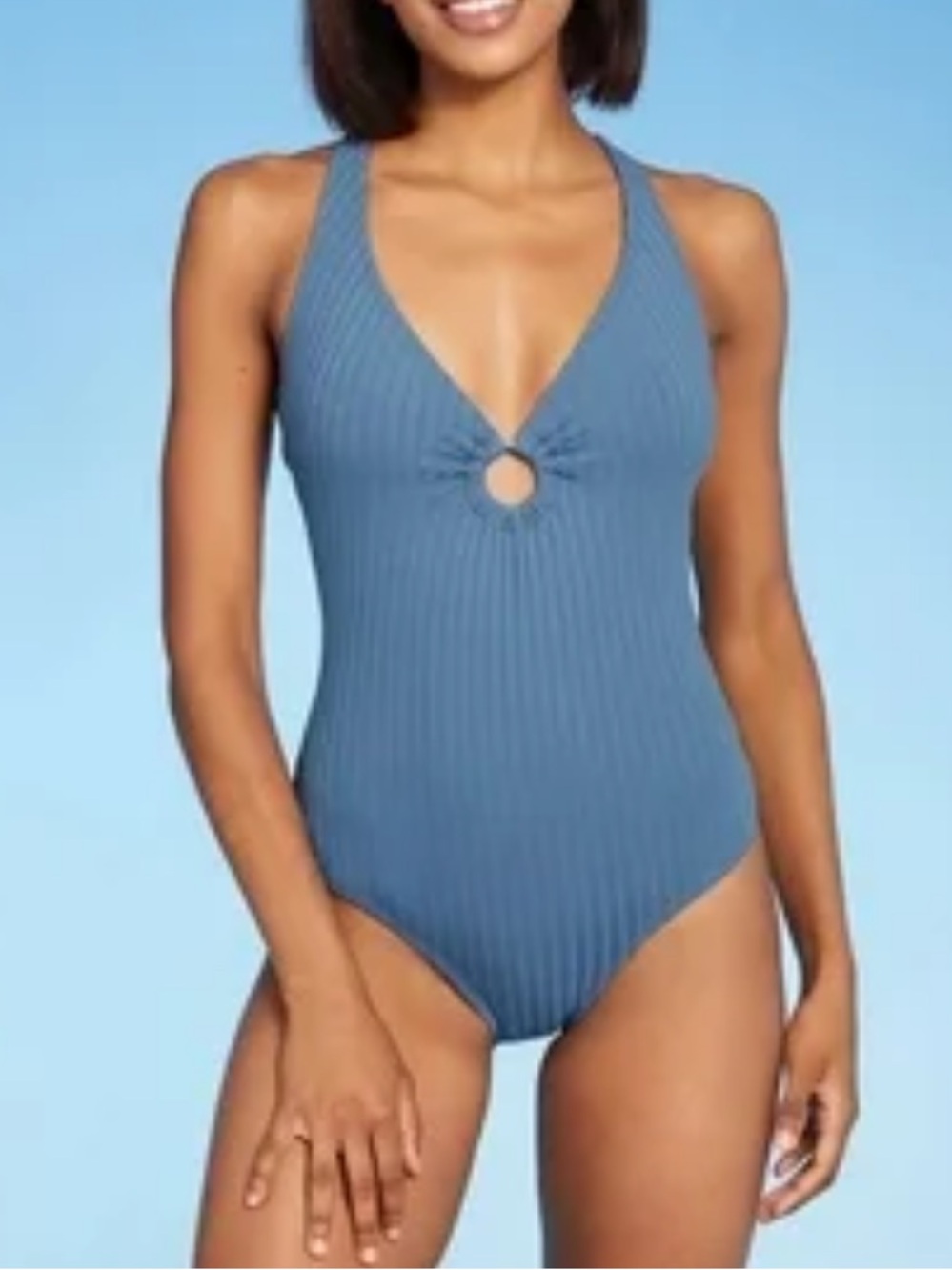 Kona Sol Slate Blue Ribbed One-Piece with Front Ring